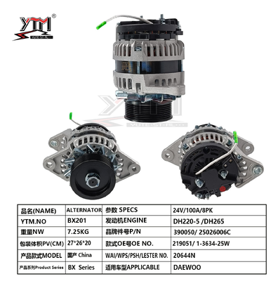 BX201 24V 100A 8PK オルタネーター組装 OE番号 219051 390050 デイウオ DH220-5/DH265 掘削機用