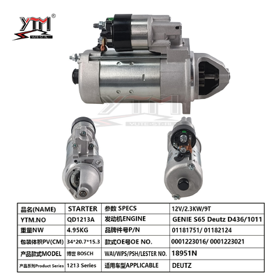 YTM QD1213A 12V 2.3KW 9T スターターモーター Deutz D436 1011 エンジン Genie S65 0001223016 0001223021 Deutz 01181751 01182124 交換用スターター