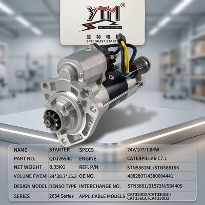 QDJ2654C 24V 7.8KW 10T 重機スターターモーター 4882807 4380004441 STN5861ML STN5861SK 31572N C7.1 掘削機用