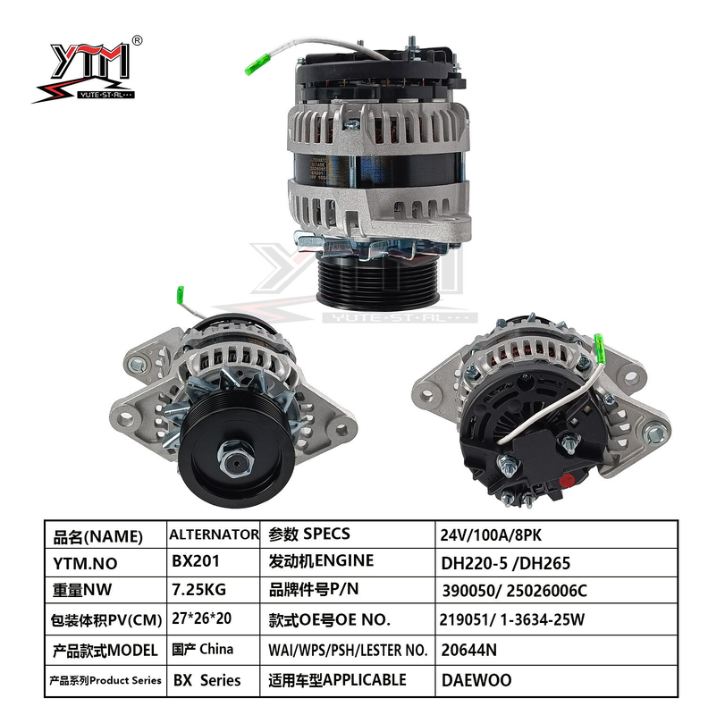 BX201 24V 100A 8PK オルタネーター組装 OE番号 219051 390050 デイウオ DH220-5/DH265 掘削機用